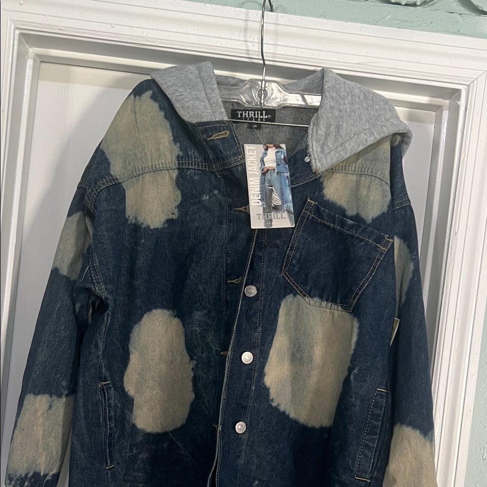 Thrill Patchwork Denim Jacket with Gray Hood NWT - image 2